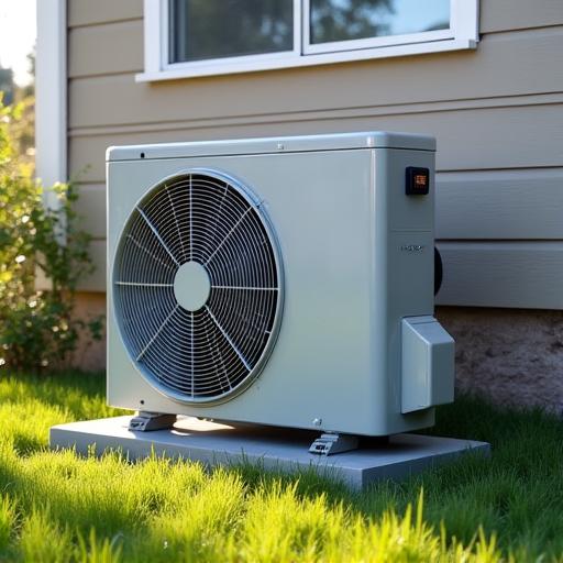 A modern and clean outdoor air conditioning unit next to a residential house.