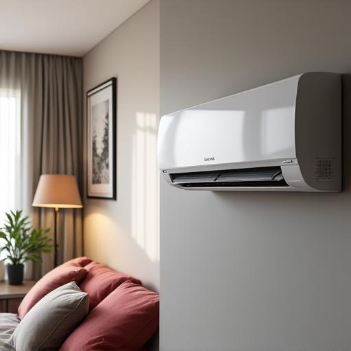 A ductless mini-split unit mounted on a wall in a stylish bedroom.