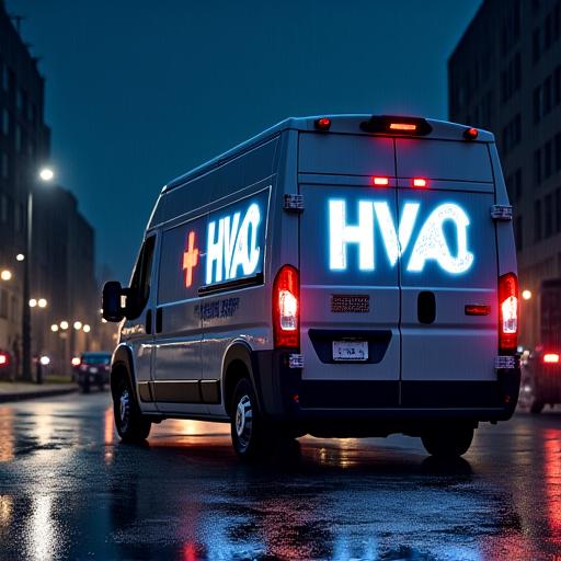 A service van with the company logo illuminated at night, ready for an emergency call.