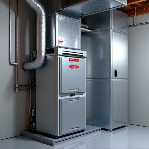 A clean and modern residential furnace system in a basement.